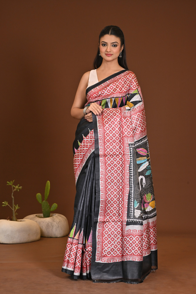 Image of TOSSOR DYE BLOCK KANTHA SAREE