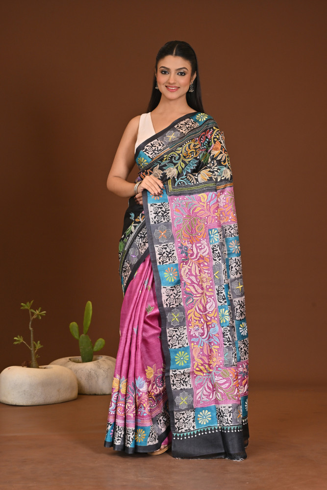 Image of TOSSOR DYE BLOCK KANTHA SAREE