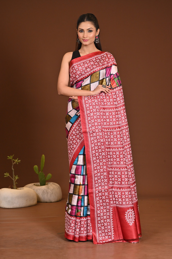 TUSSAR BODY HANDPRINT GUJRATI SAREE