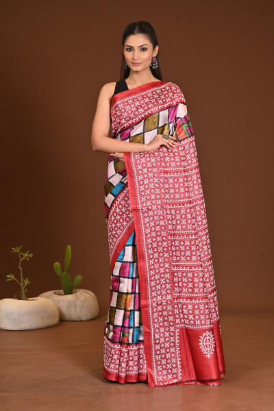 TUSSAR BODY HANDPRINT GUJRATI SAREE