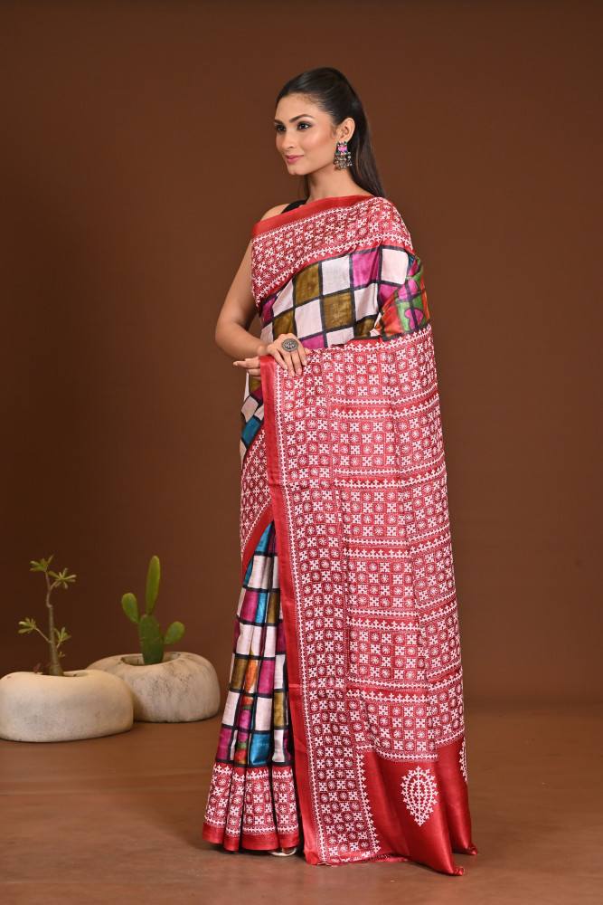 TUSSAR BODY HANDPRINT GUJRATI SAREE