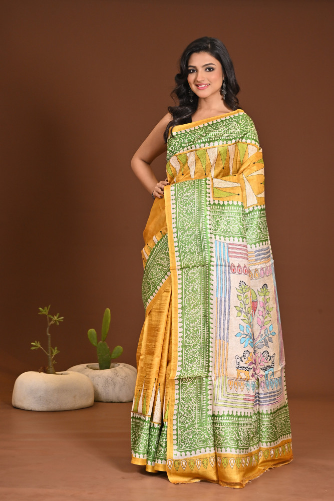 Image of TUSSAR DYE BLOCK KANTHA SAREE