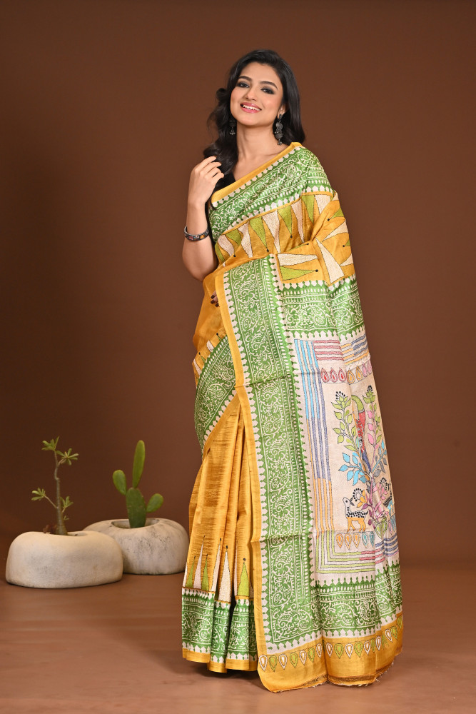 TUSSAR DYE BLOCK KANTHA SAREE