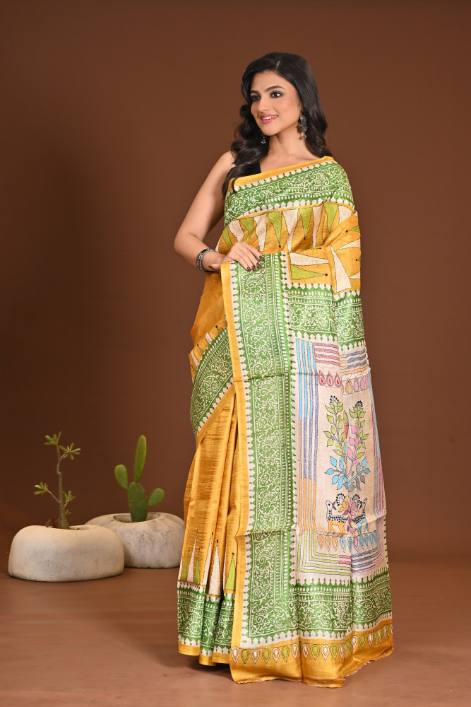 TUSSAR DYE BLOCK KANTHA SAREE