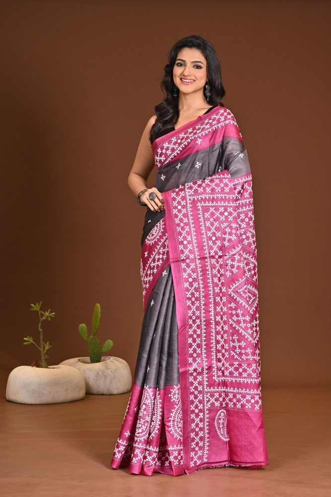 Image of TUSSAR DYE GUJRATI MIRROR SAREE