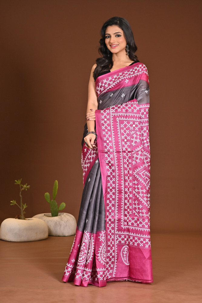 TUSSAR DYE GUJRATI MIRROR SAREE