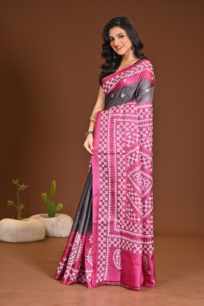 TUSSAR DYE GUJRATI MIRROR SAREE