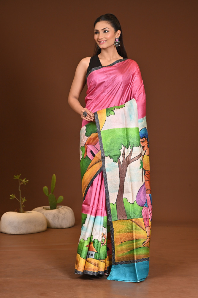 TUSSAR HANDPRINT  KANTHA SAREE