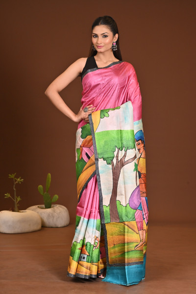 TUSSAR HANDPRINT  KANTHA SAREE