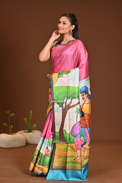 TUSSAR HANDPRINT  KANTHA SAREE