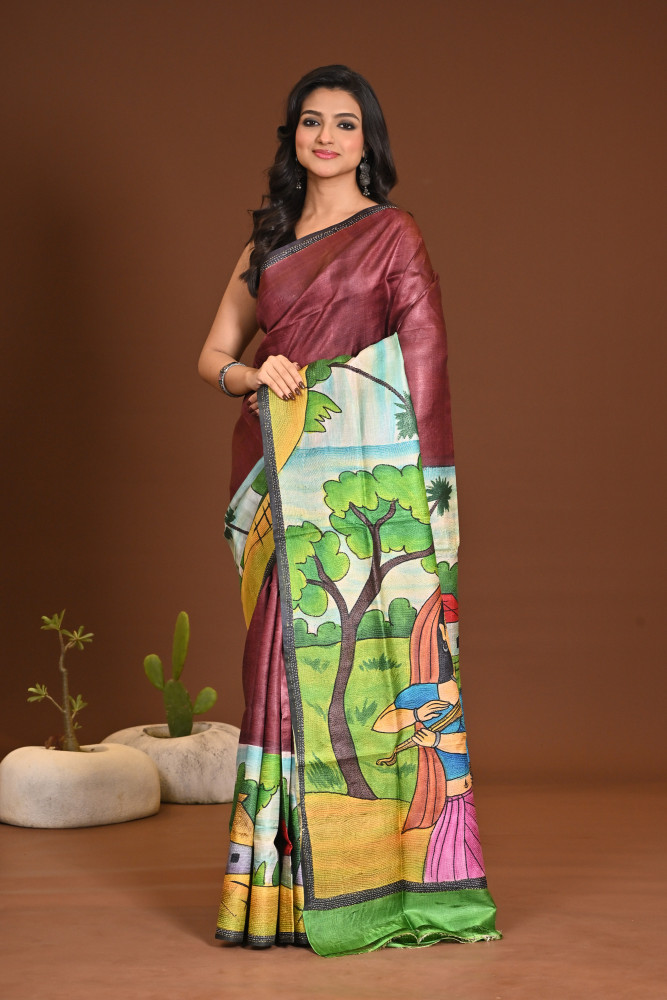 Image of TUSSAR HANDPRINT KANTHA SAREE