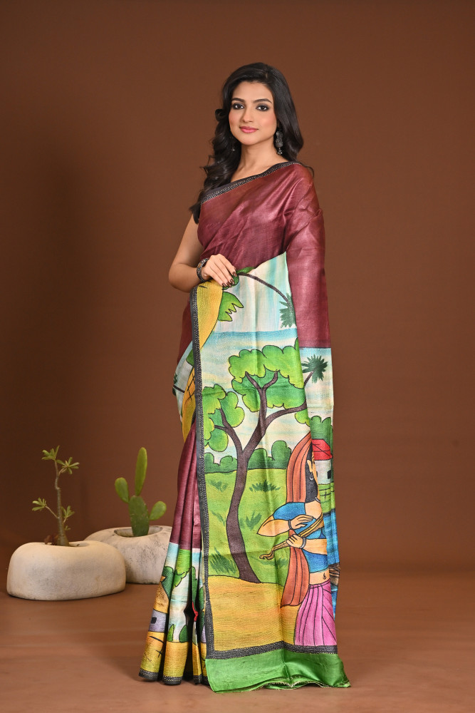 TUSSAR HANDPRINT KANTHA SAREE
