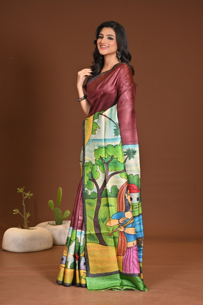 TUSSAR HANDPRINT KANTHA SAREE