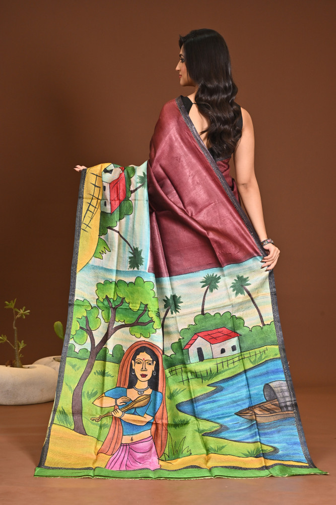 TUSSAR HANDPRINT KANTHA SAREE