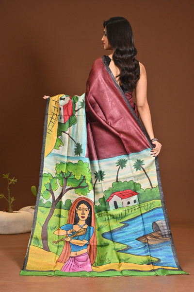 TUSSAR HANDPRINT KANTHA SAREE