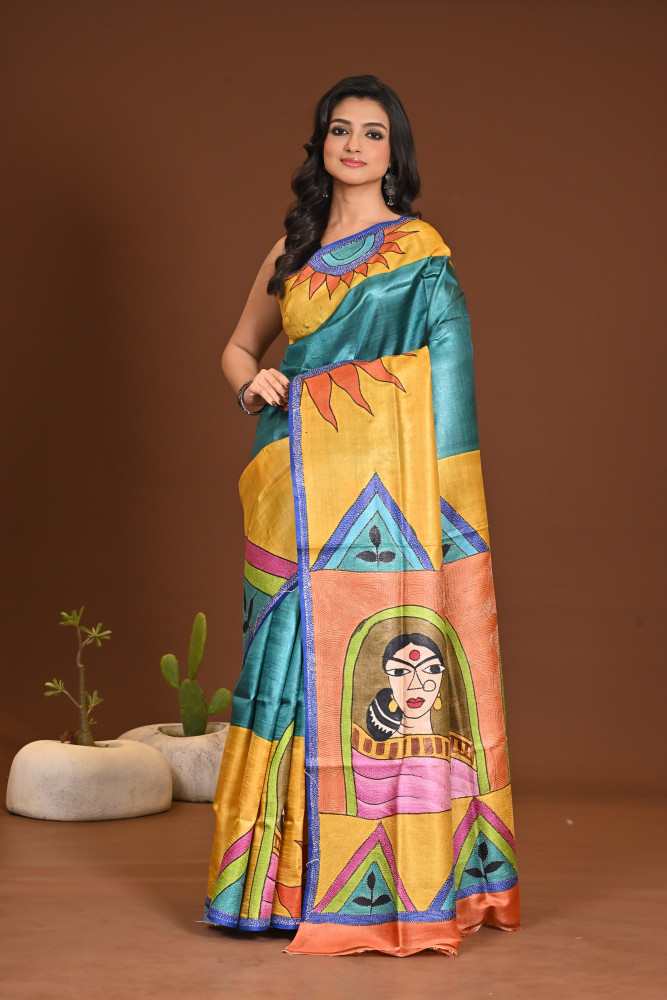 TUSSAR HANDPRINT KANTHA SAREE