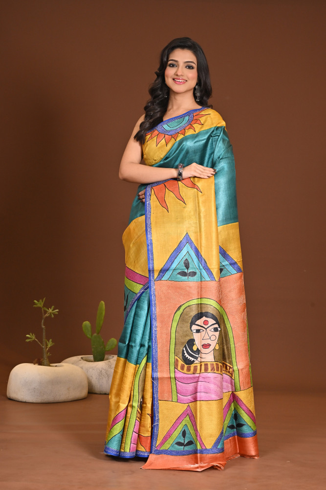 TUSSAR HANDPRINT KANTHA SAREE