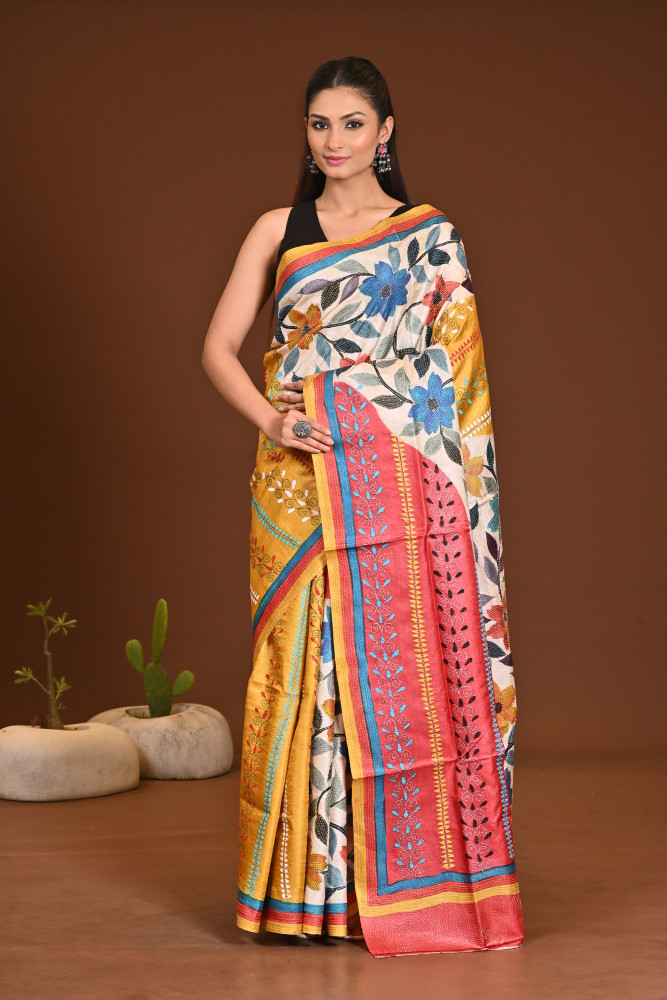 Image of TUSSAR HANDPRINT NAKSH KANTHA SAREE