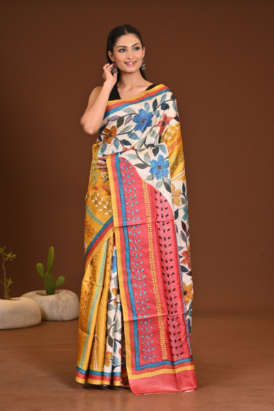 TUSSAR HANDPRINT NAKSH KANTHA SAREE