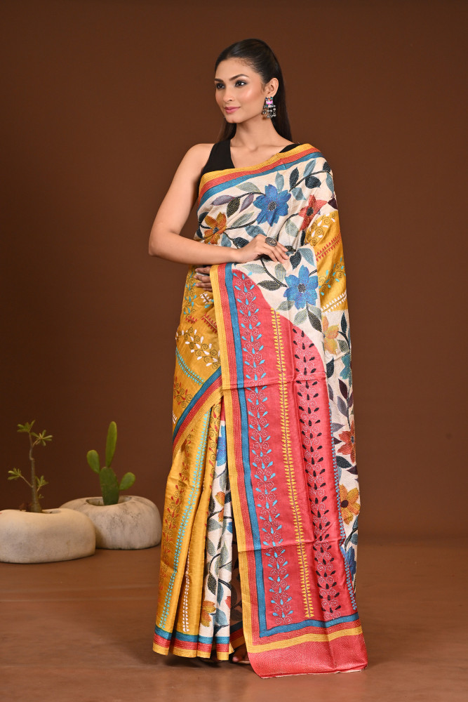 TUSSAR HANDPRINT NAKSH KANTHA SAREE