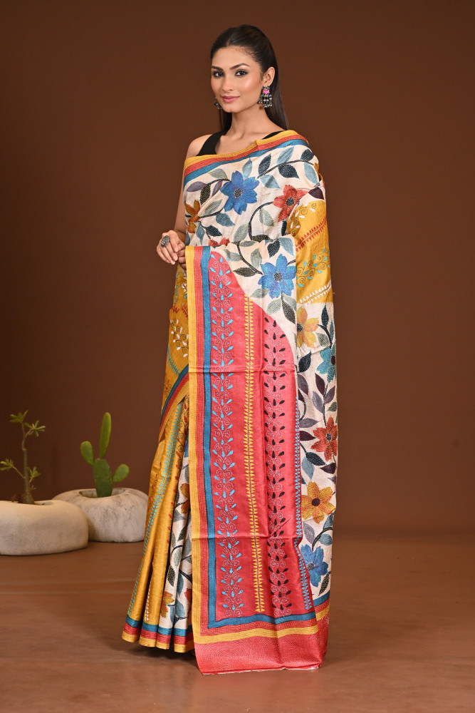TUSSAR HANDPRINT NAKSH KANTHA SAREE
