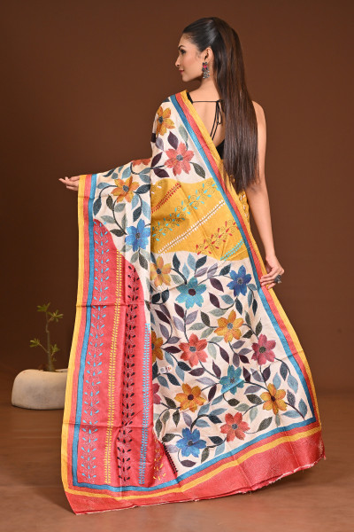 TUSSAR HANDPRINT NAKSH KANTHA SAREE
