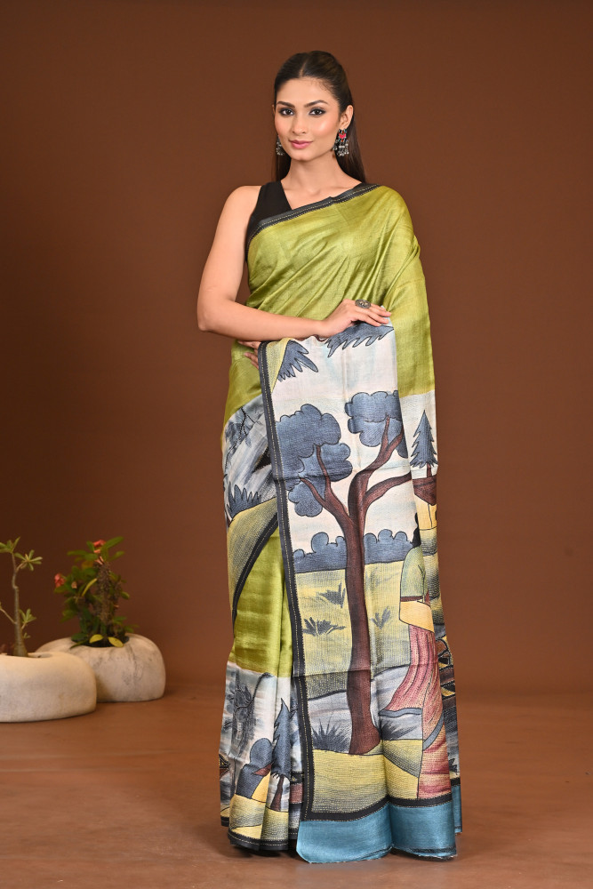 Image of TUSSAR HANPRINT KANTHA SAREE