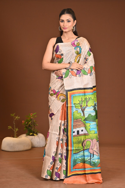 TUSSAR SILK HAND PRINT SAREE