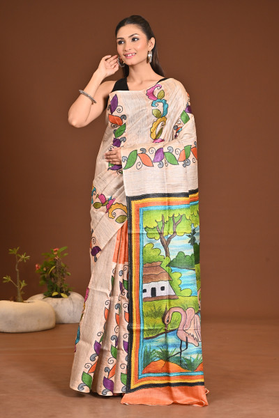 TUSSAR SILK HAND PRINT SAREE