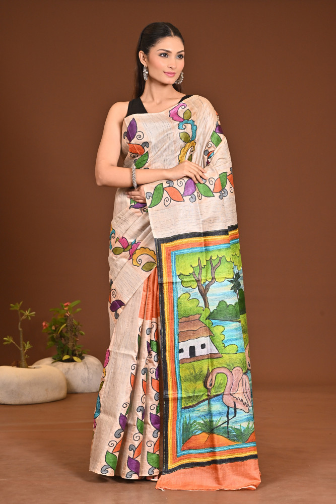 TUSSAR SILK HAND PRINT SAREE