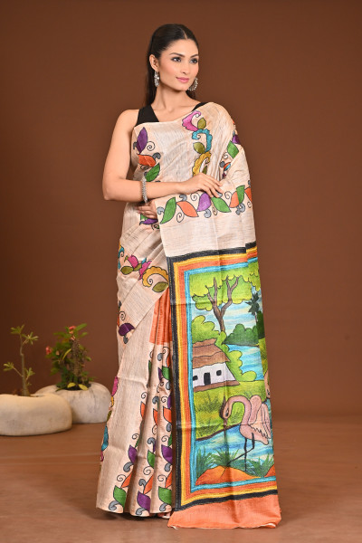 TUSSAR SILK HAND PRINT SAREE