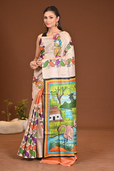 TUSSAR SILK HAND PRINT SAREE