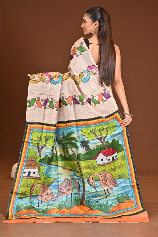 TUSSAR SILK HAND PRINT SAREE