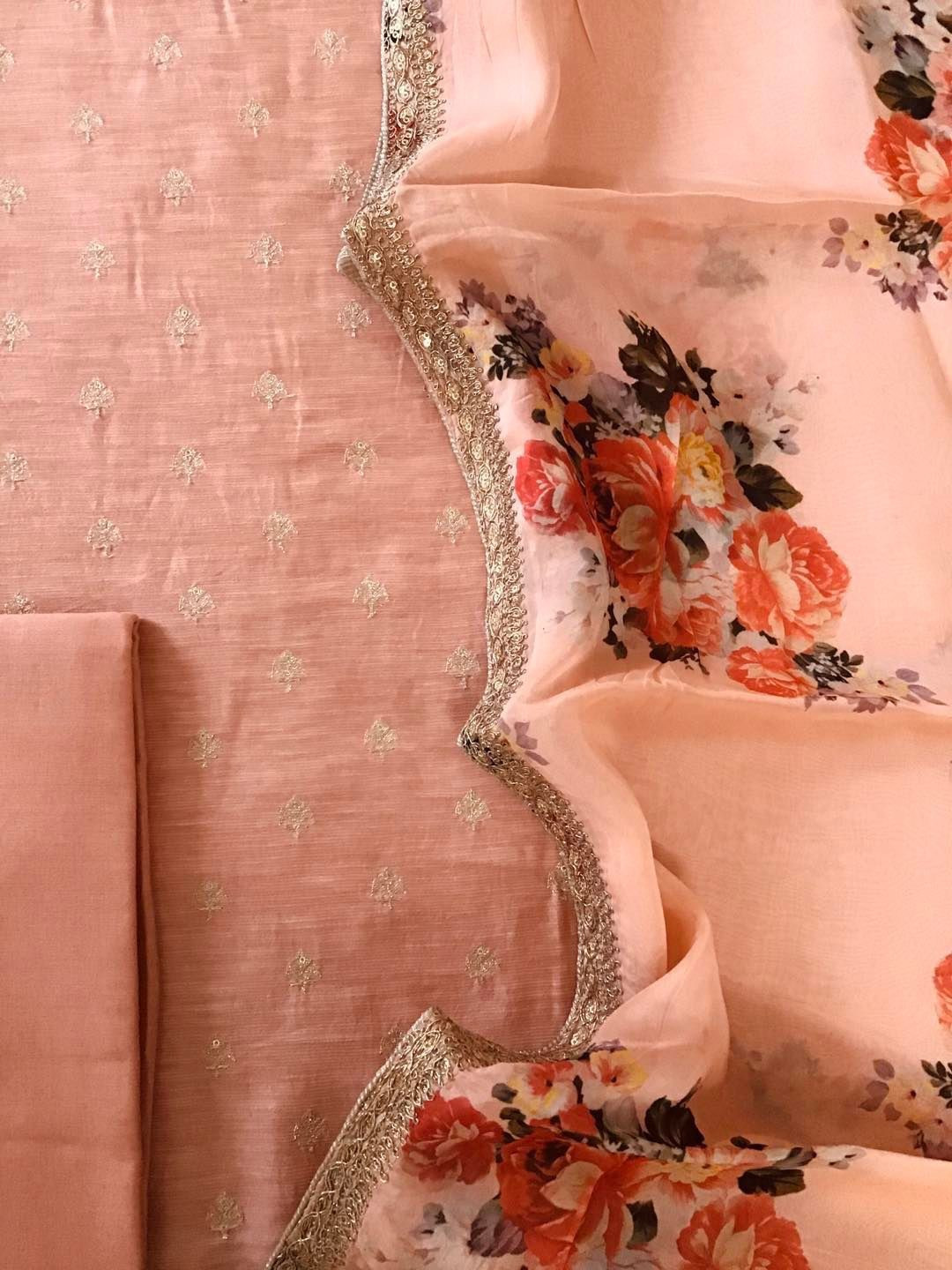 Pure Linen Chanderi Silk Embroidered Suit - Peach
