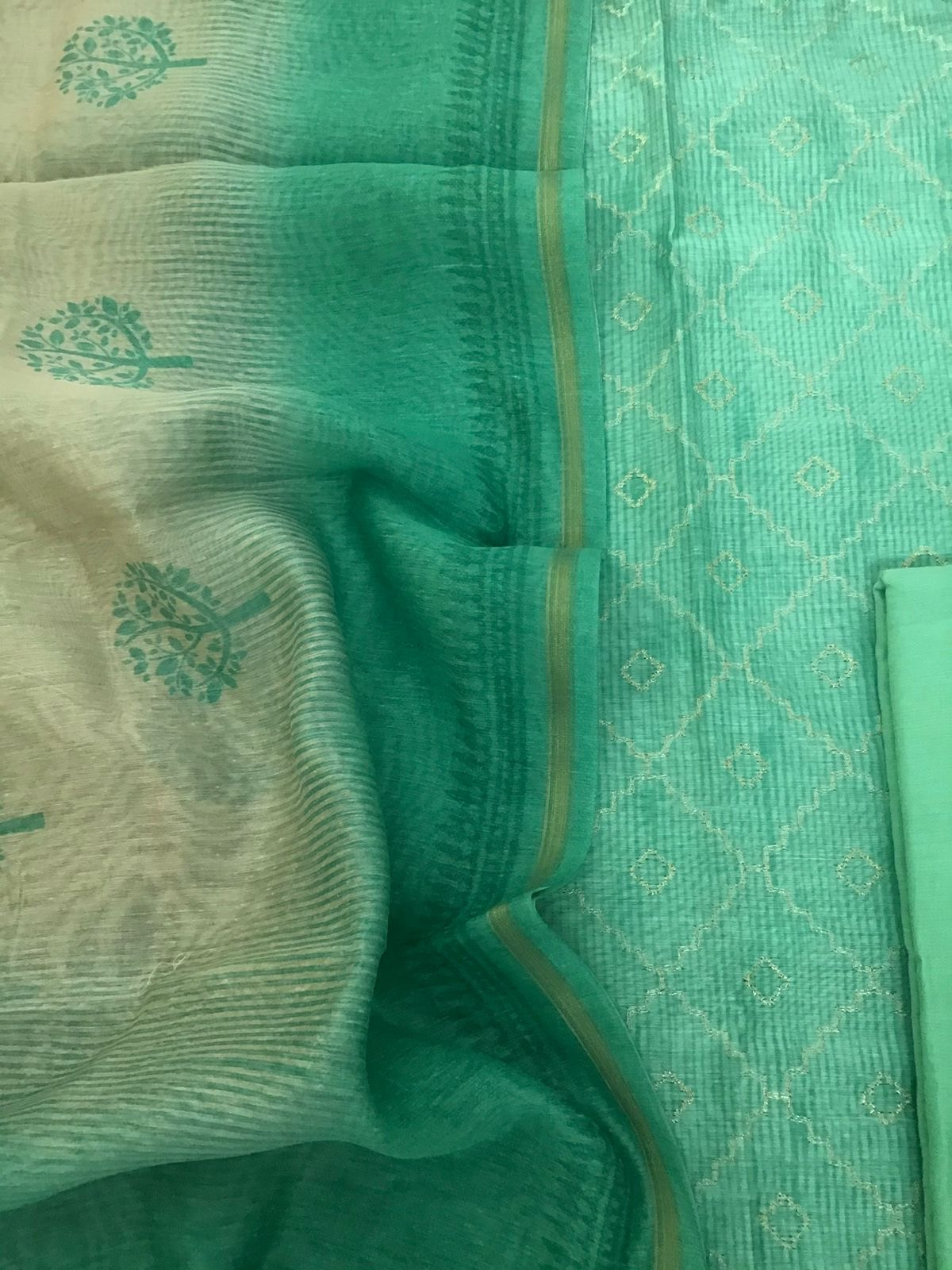 Soft Kora Chanderi Printed Embroidered Suit - Green