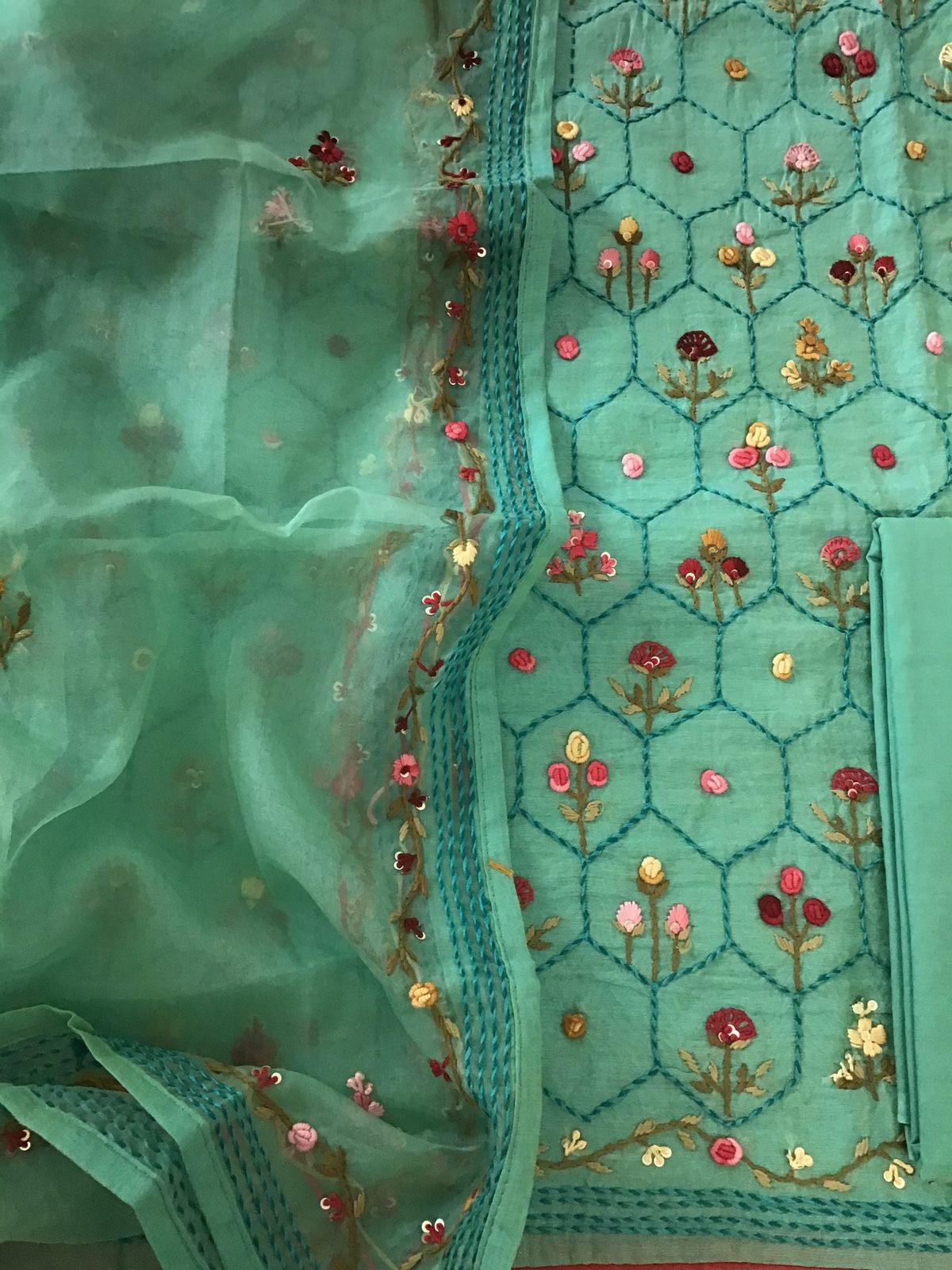 Soft Chanderi Embroidered Suit - Green