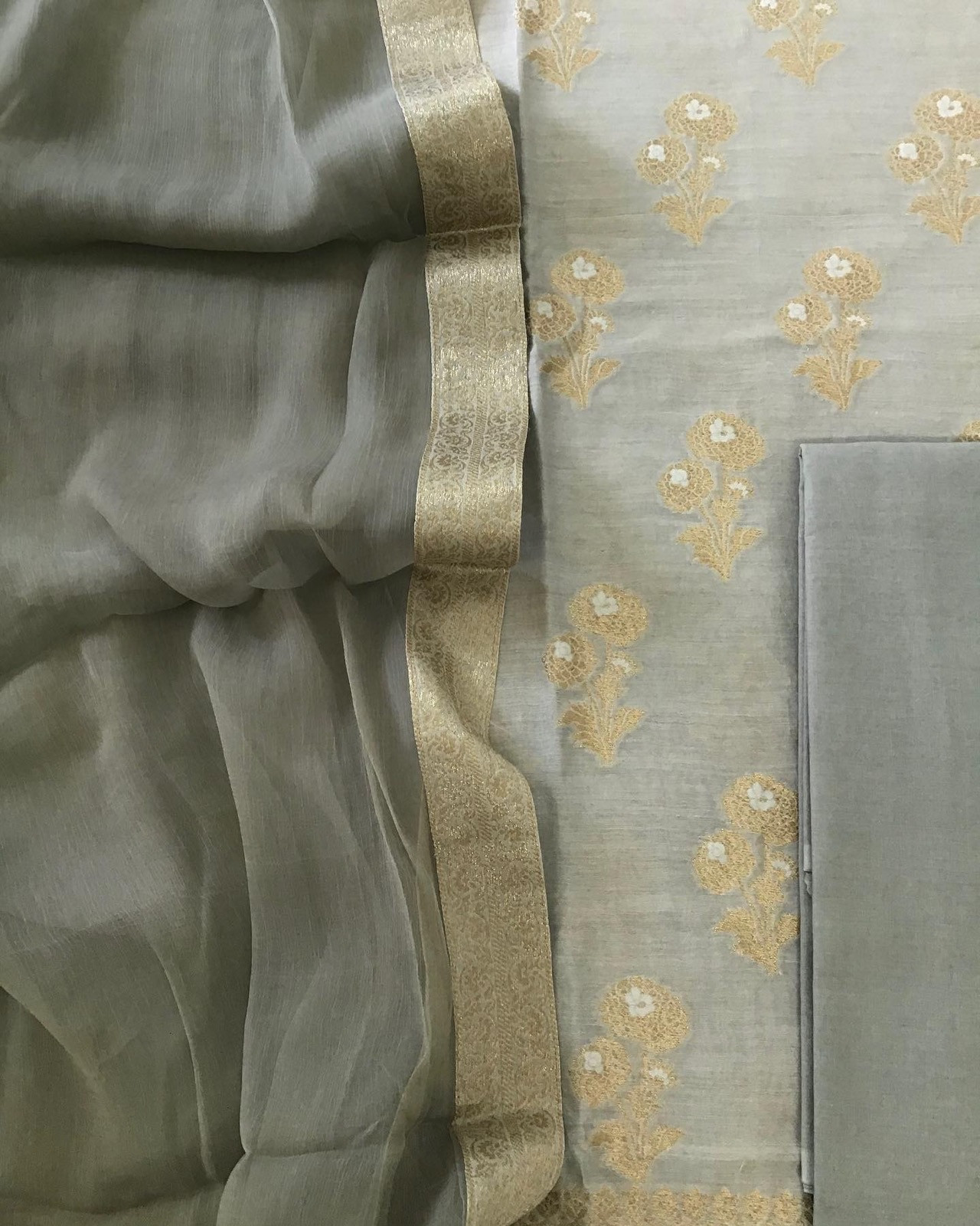 Pure Chanderi Silk Banarasi Weaved Suit - Grey