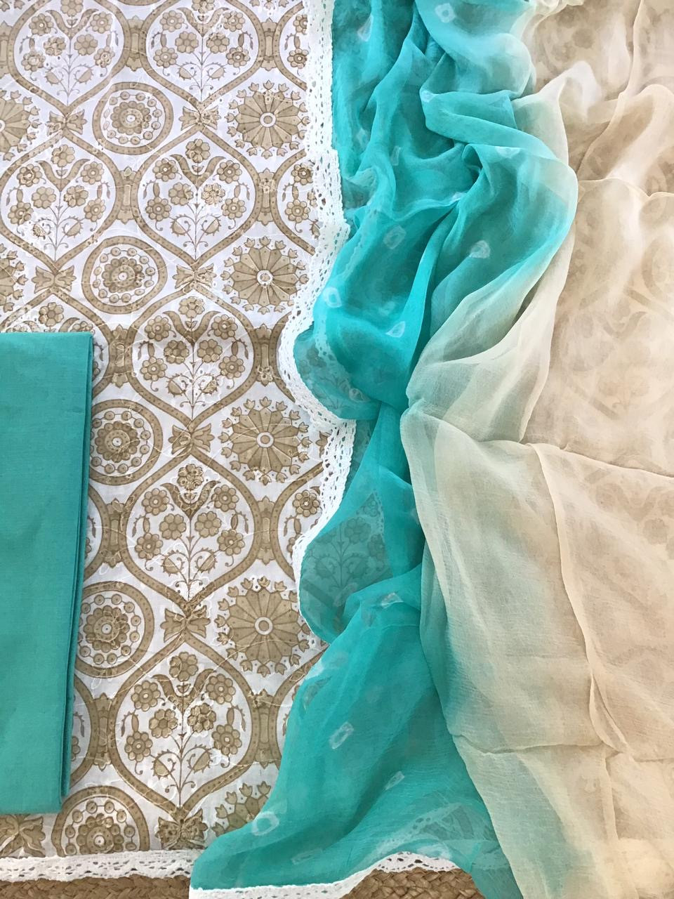 Pure Cotton Printed Embroidered Suit - Beige