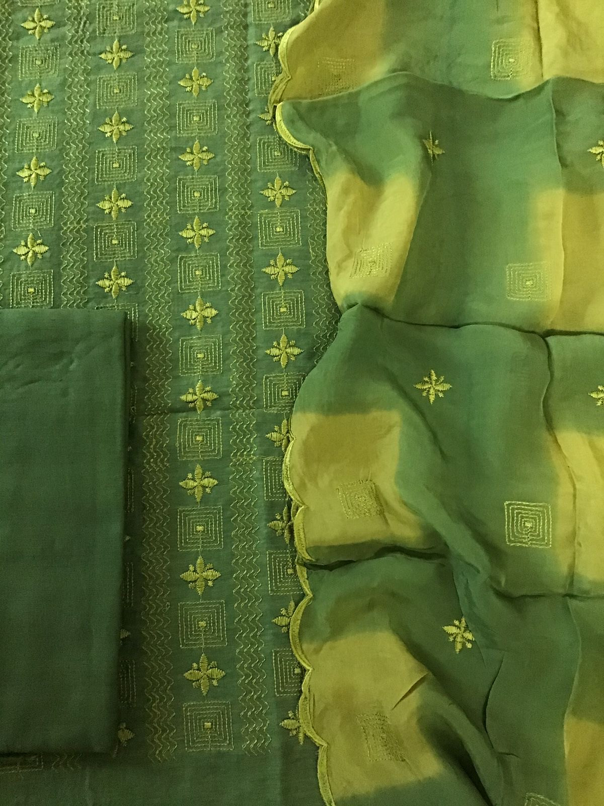 Pure Linen Chanderi Silk Embroidered Suit - Green