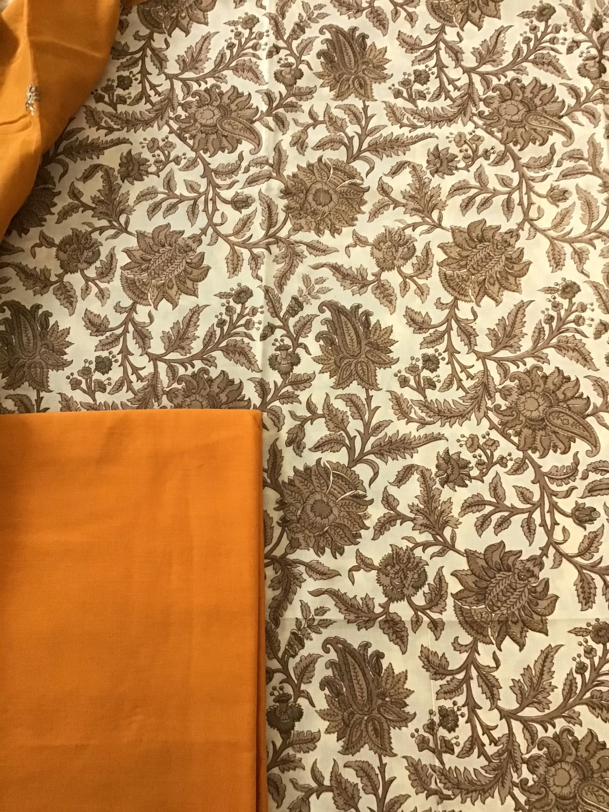 Pure Cotton Printed Embroidered Dupatta Suit - BeigeDark Orange