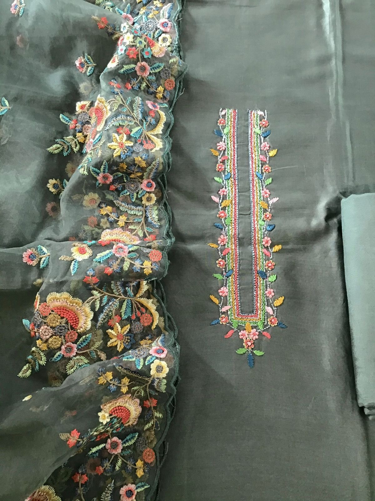 Pure Chanderi Silk Embroidered Suit - Grey