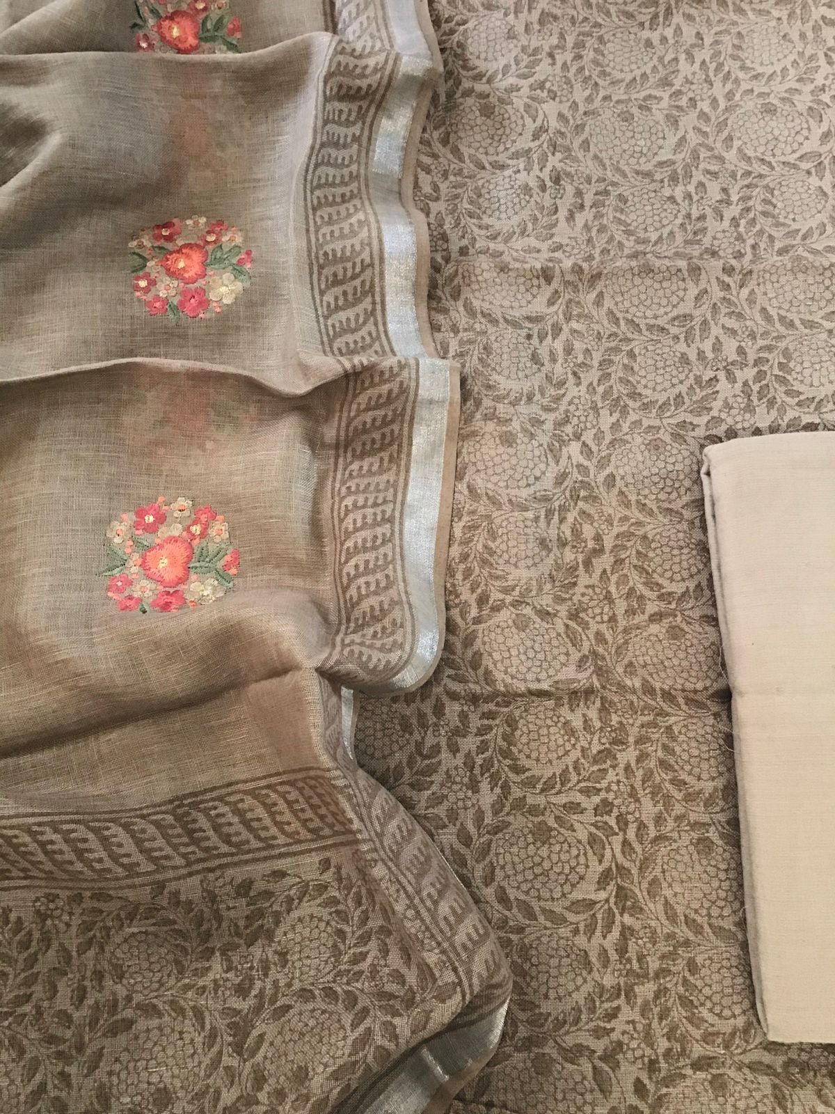 Pure Linen Jute Cotton Printed Suit - Brown