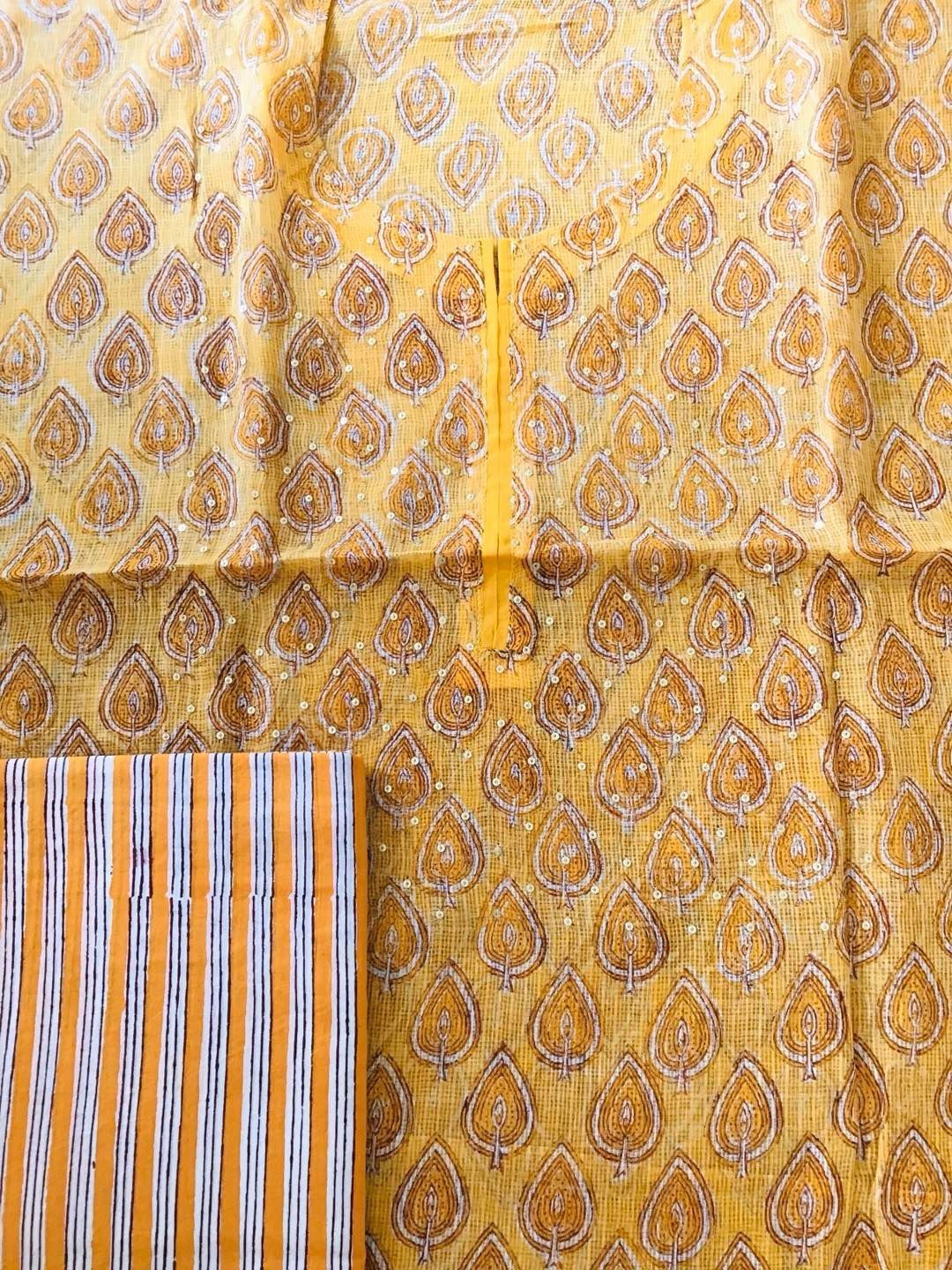 Pure Kota Cotton Printed Embroidered Suit - Yellow