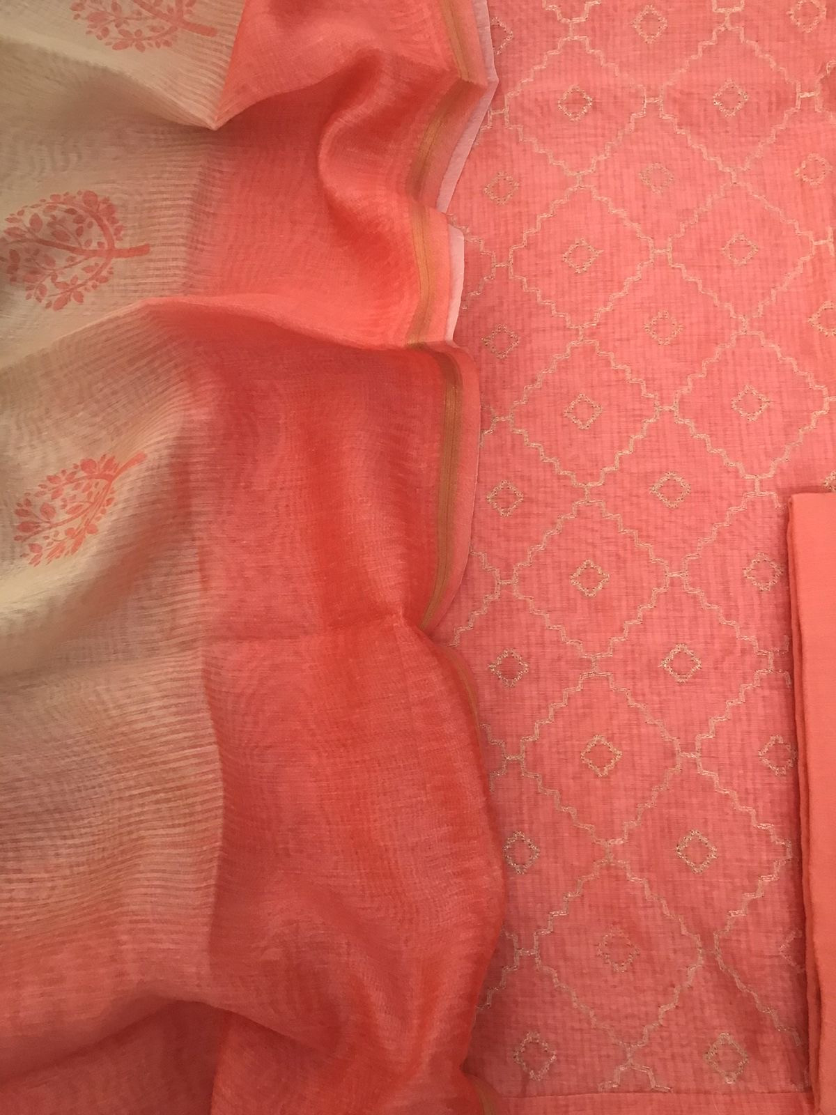 Soft Kora Chanderi Printed Embroidered Suit - Orange