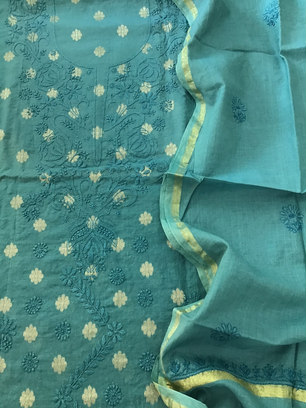 Pure Chanderi Chikankari Embroidered Suit - Blue