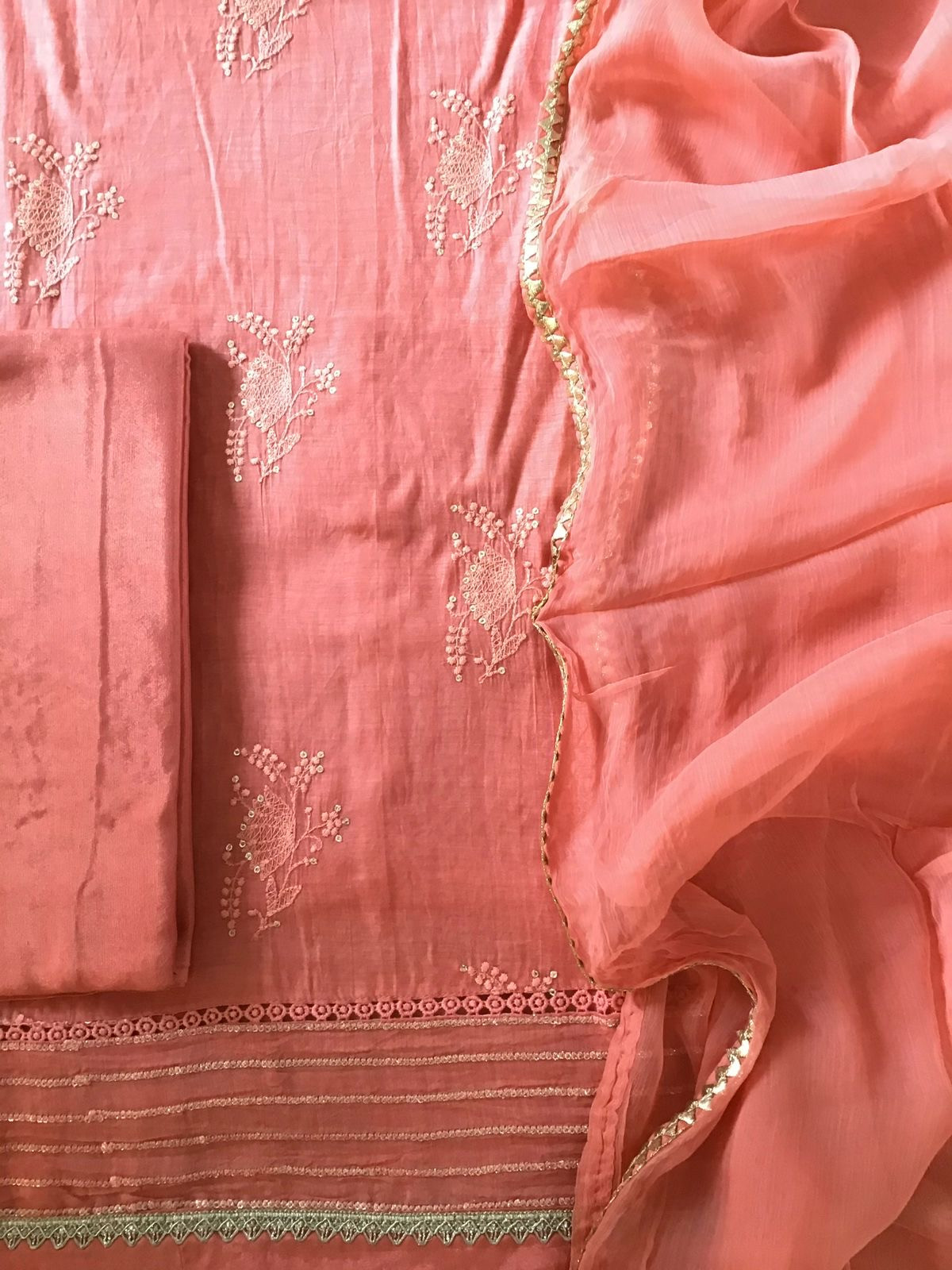 Pure Chanderi Embroidered Suit - Peach