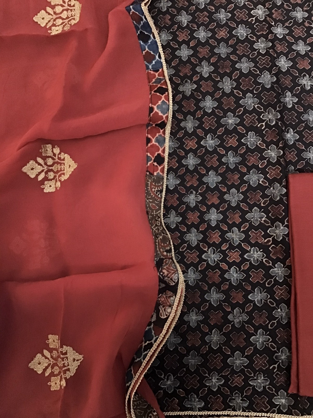 Pure Maheshwari Silk Ajrakh Printed Embroidered Suit - Black