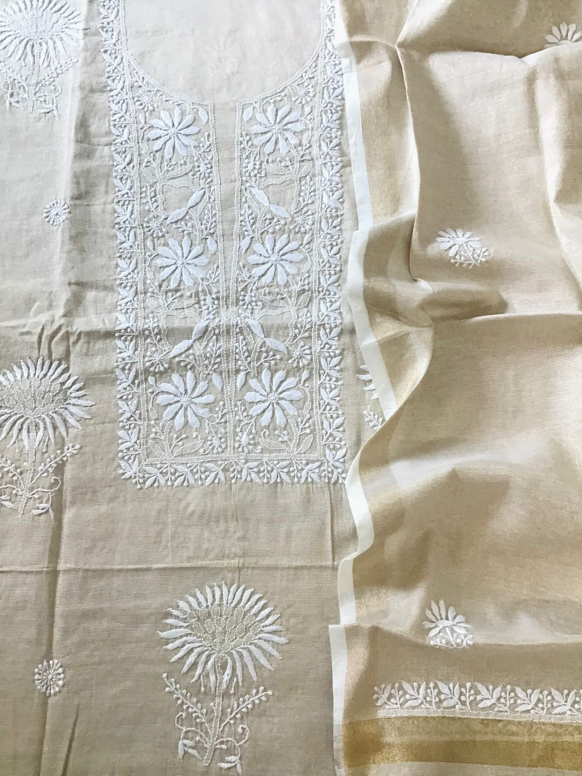 Pure Tissue Chanderi Chikankari Embroidered Suit - Beige