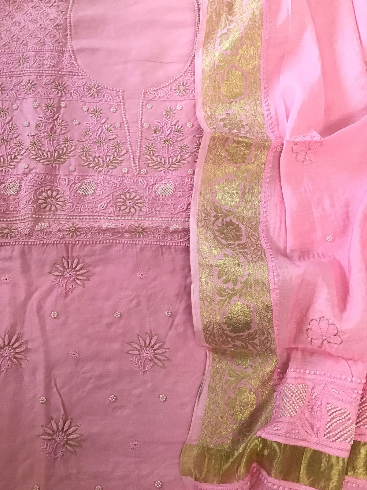 Pure Chanderi Chikankari Embroidered Suit - Pink