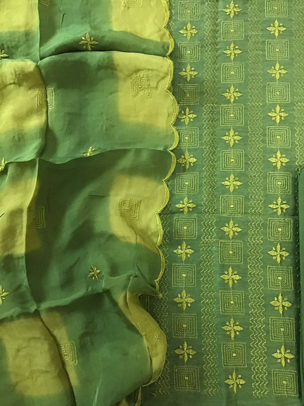 Pure Linen Chanderi Silk Embroidered Suit - Green